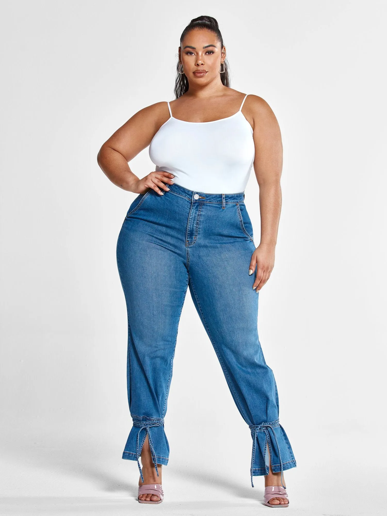 High Rise Straight Leg Jeans with Ankle Ties - Short Inseam