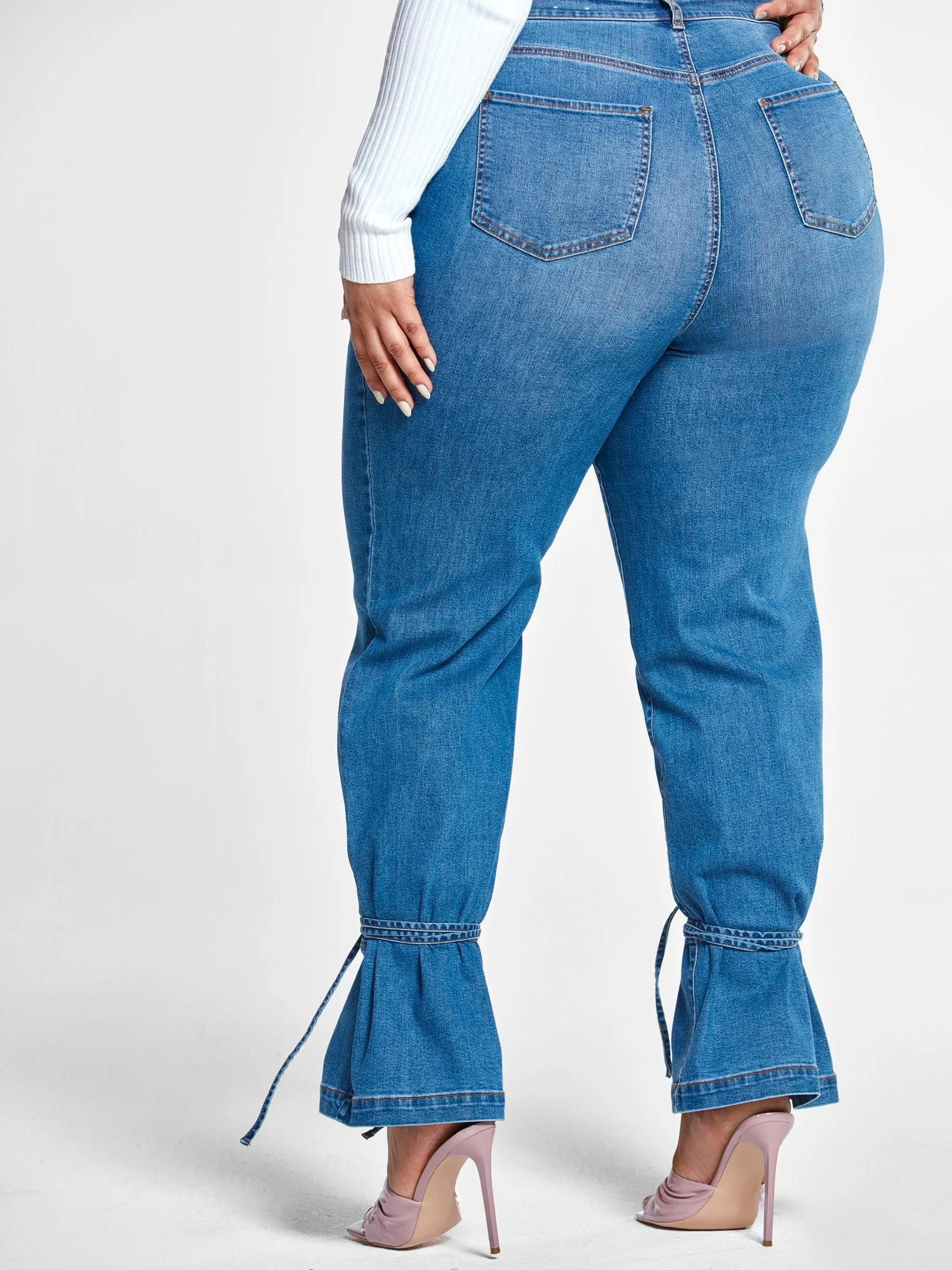 High Rise Straight Leg Jeans with Ankle Ties - Short Inseam