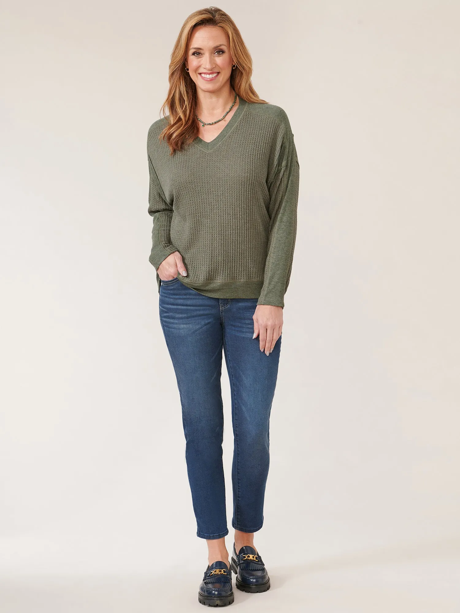 Inset Dolman Sleeve V-Neck Mixed Media Petite Knit Top