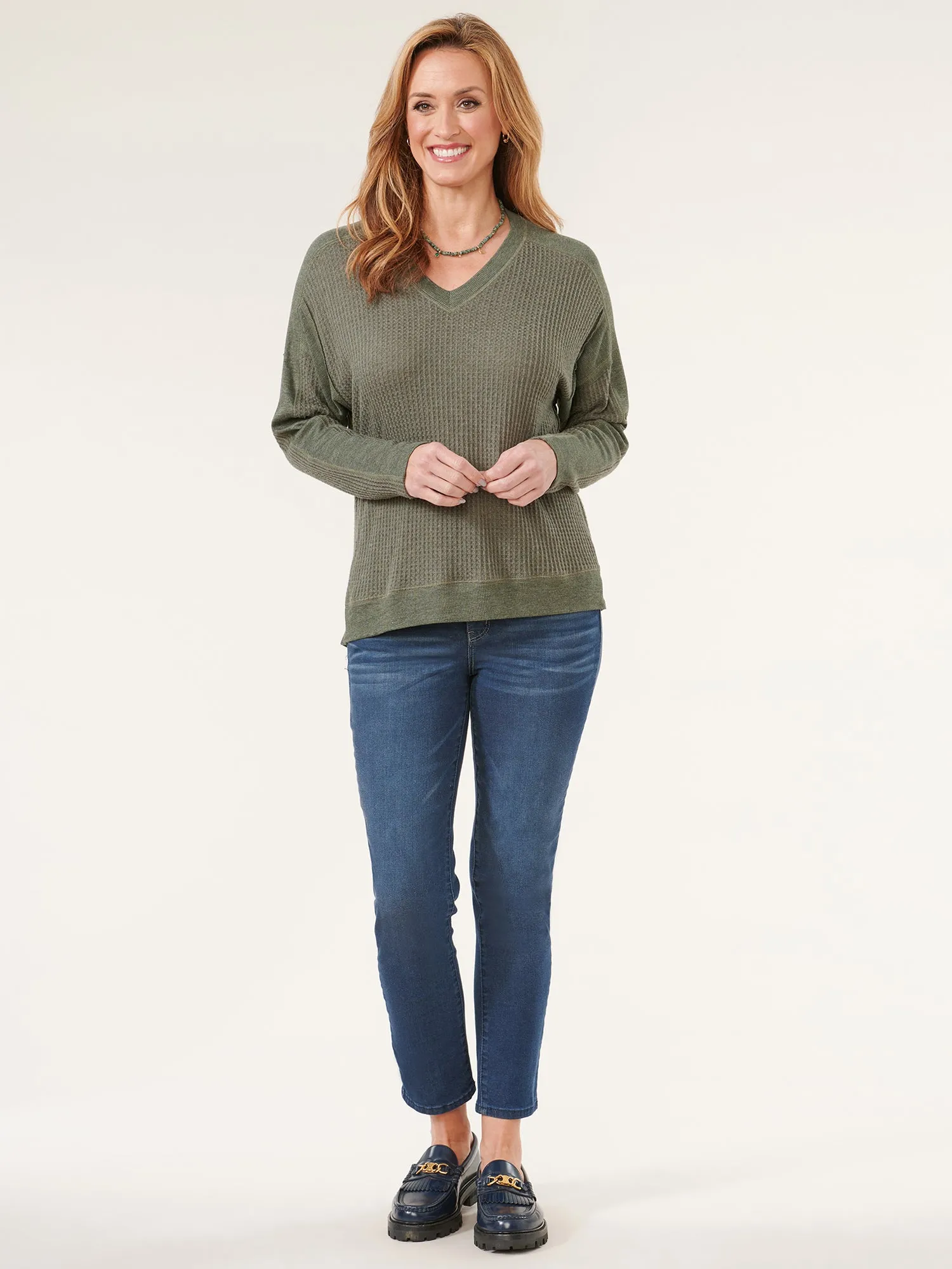 Inset Dolman Sleeve V-Neck Mixed Media Petite Knit Top