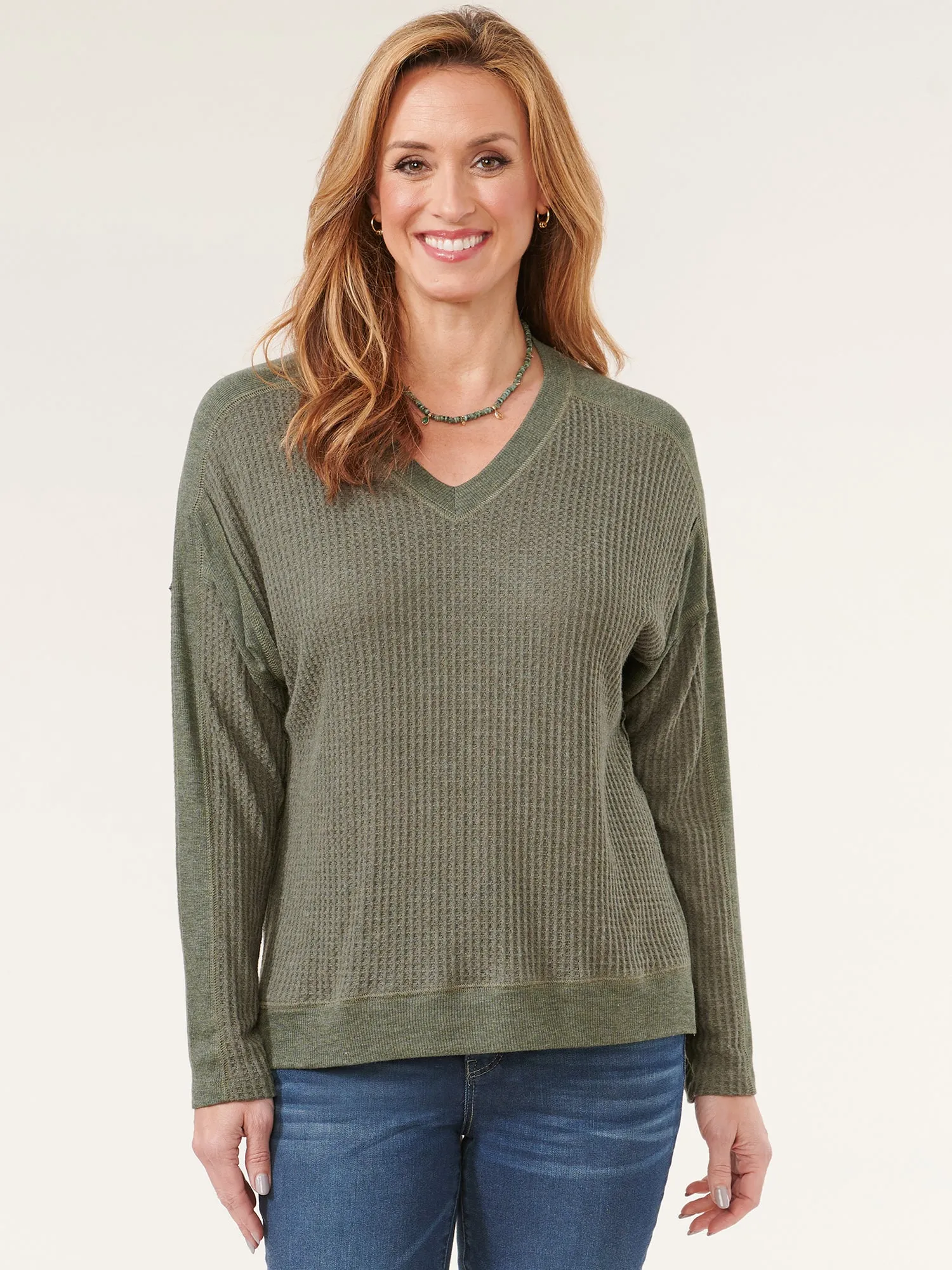 Inset Dolman Sleeve V-Neck Mixed Media Petite Knit Top