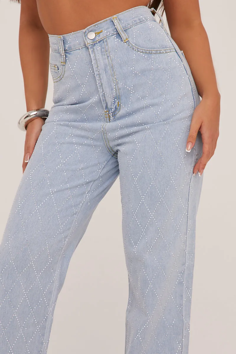 Light Blue Diamante Detail Straight Leg Jeans - Imaan