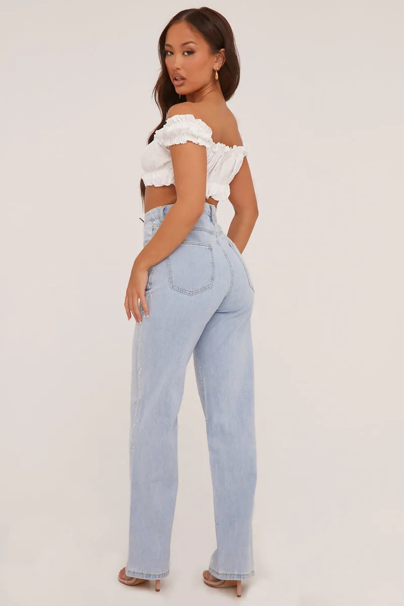 Light Blue Diamante Detail Straight Leg Jeans - Imaan