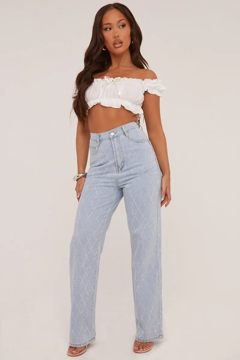 Light Blue Diamante Detail Straight Leg Jeans - Imaan