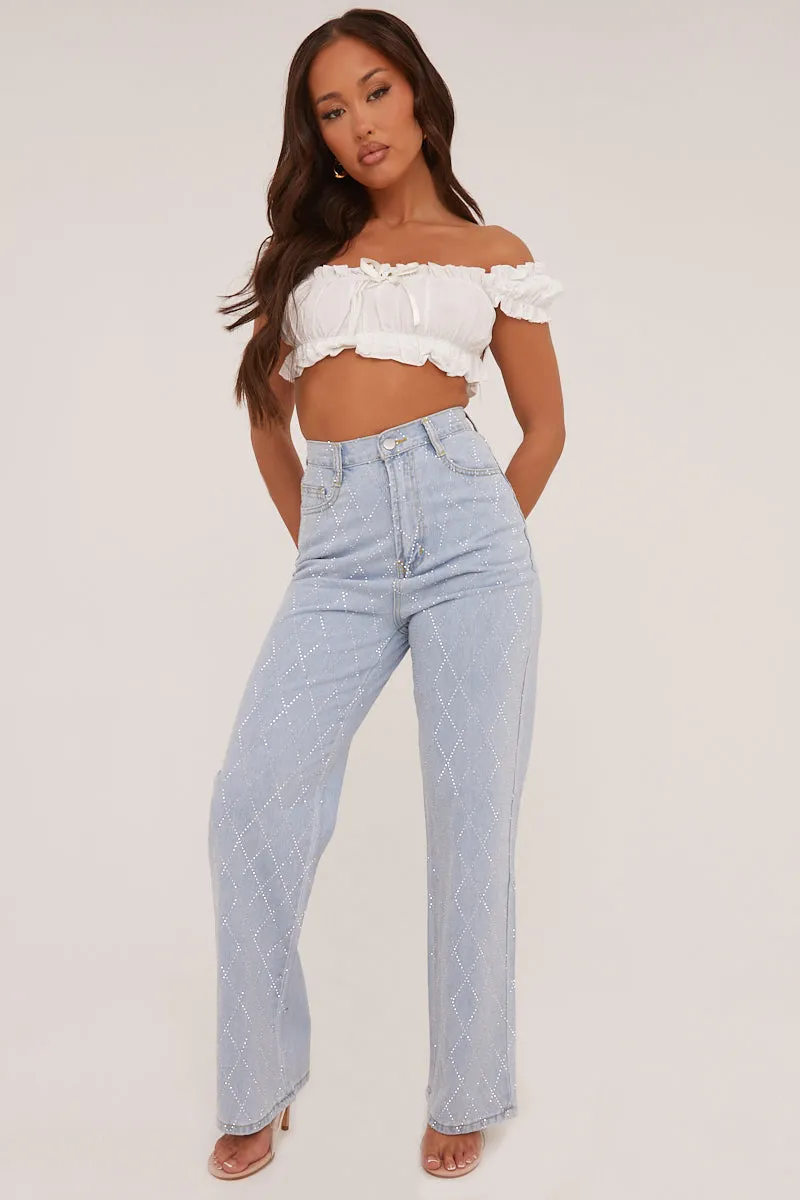 Light Blue Diamante Detail Straight Leg Jeans - Imaan