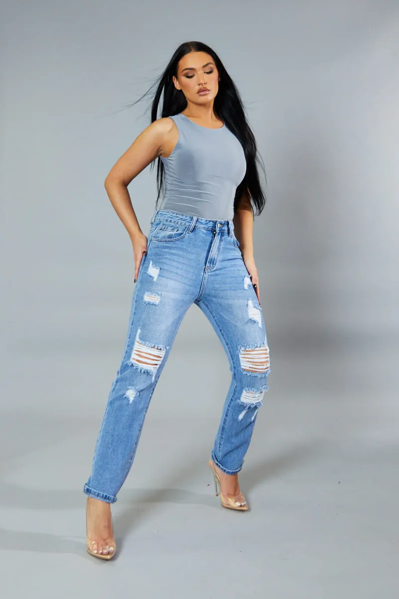 Light Blue Distressed Straight Leg Jeans - Nikia