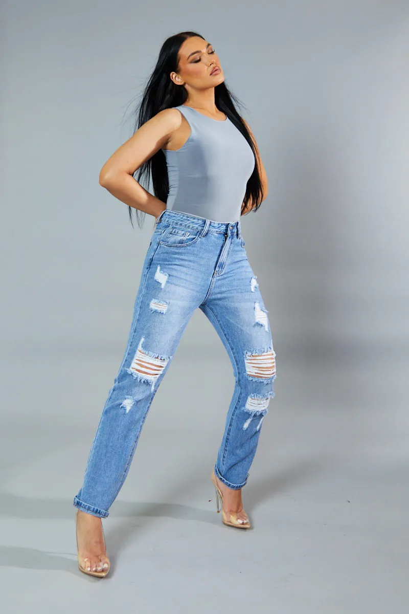 Light Blue Distressed Straight Leg Jeans - Nikia