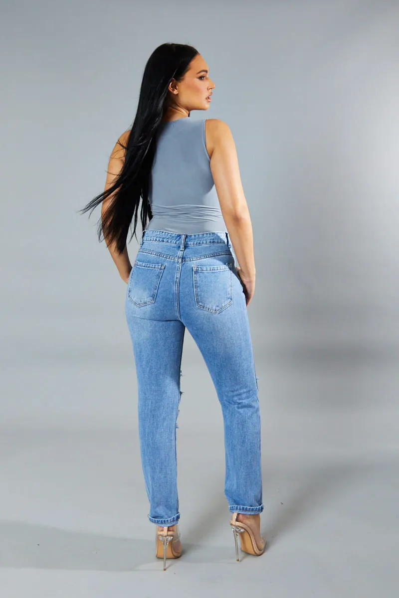 Light Blue Distressed Straight Leg Jeans - Nikia