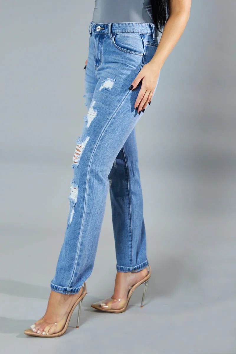 Light Blue Distressed Straight Leg Jeans - Nikia