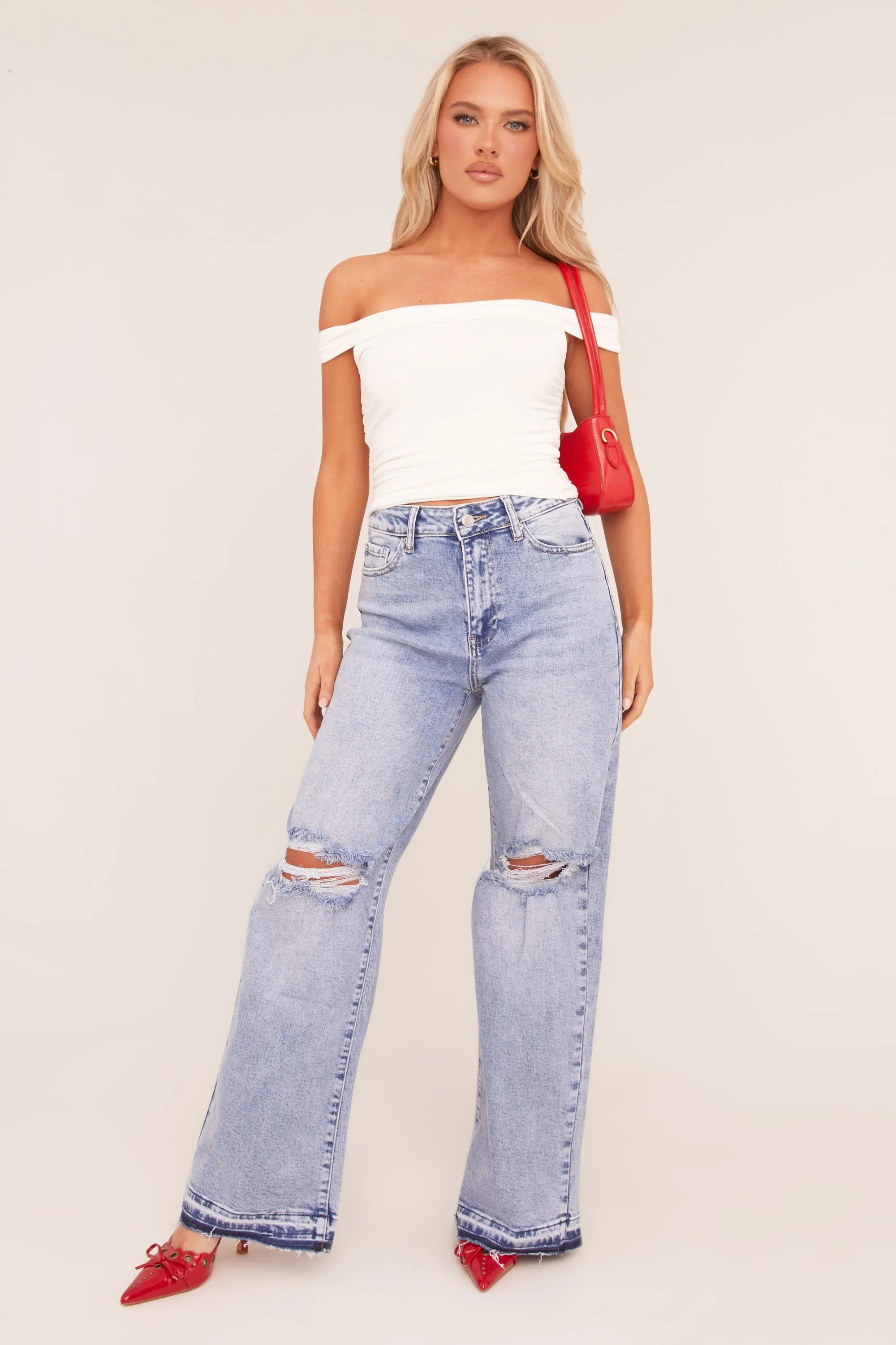 Light Blue Stretch Distressed Wide Leg Jeans - Bluebell