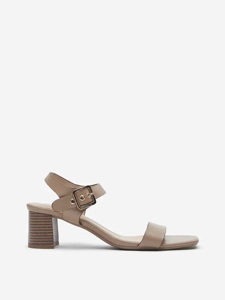 LUNA BLU Taupe Solid Ankle-Strap Block Heel Sandals