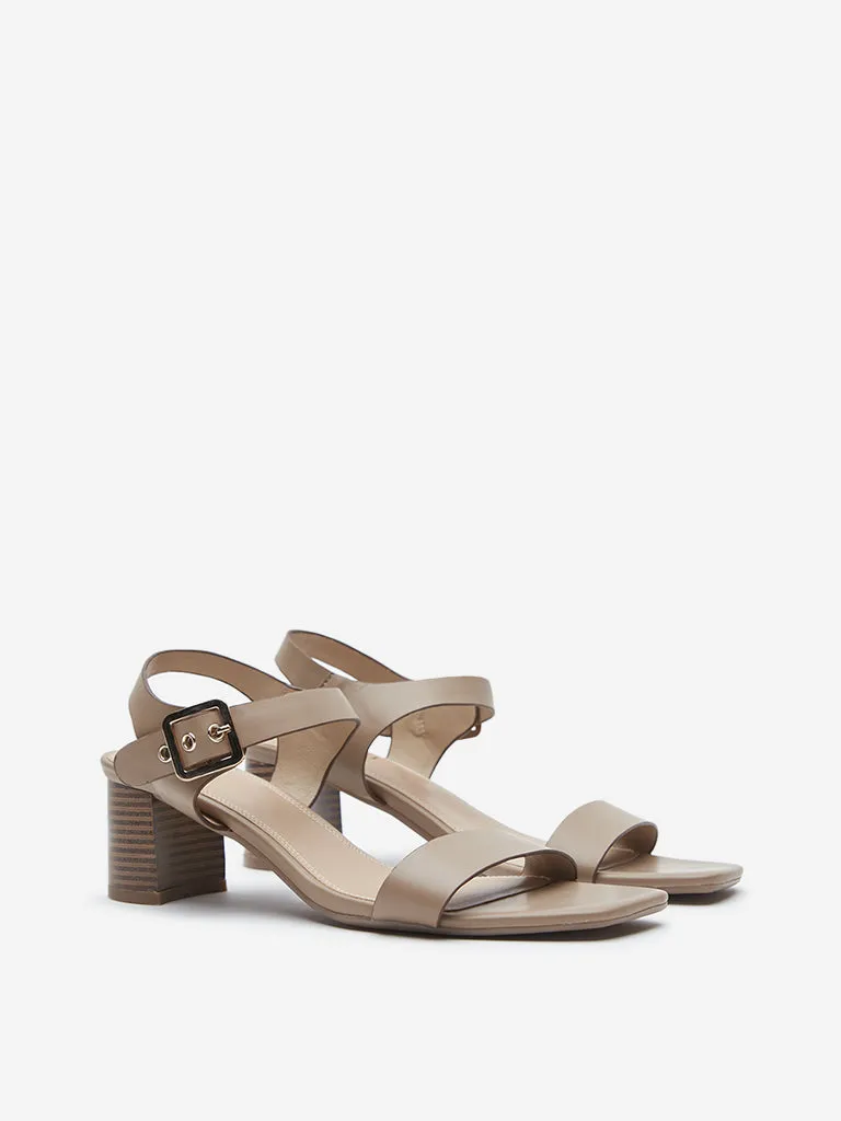 LUNA BLU Taupe Solid Ankle-Strap Block Heel Sandals