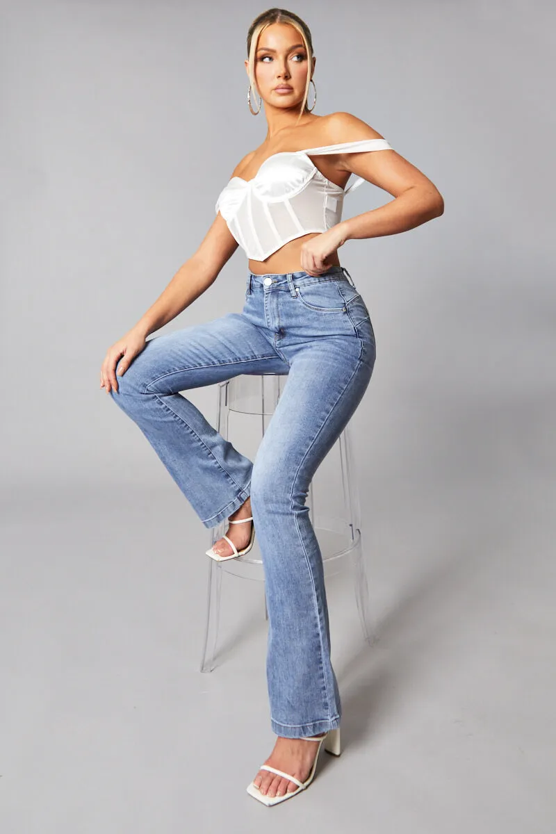 Mid Blue High Waist Flared Leg Jeans - Snow