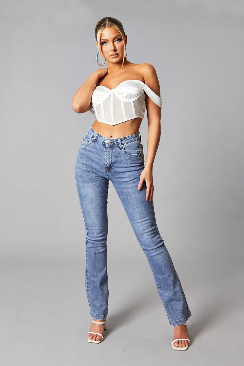 Mid Blue High Waist Flared Leg Jeans - Snow