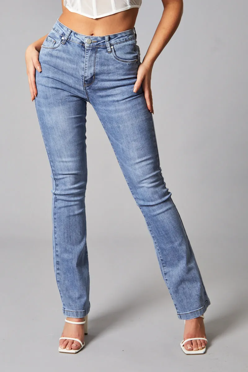 Mid Blue High Waist Flared Leg Jeans - Snow