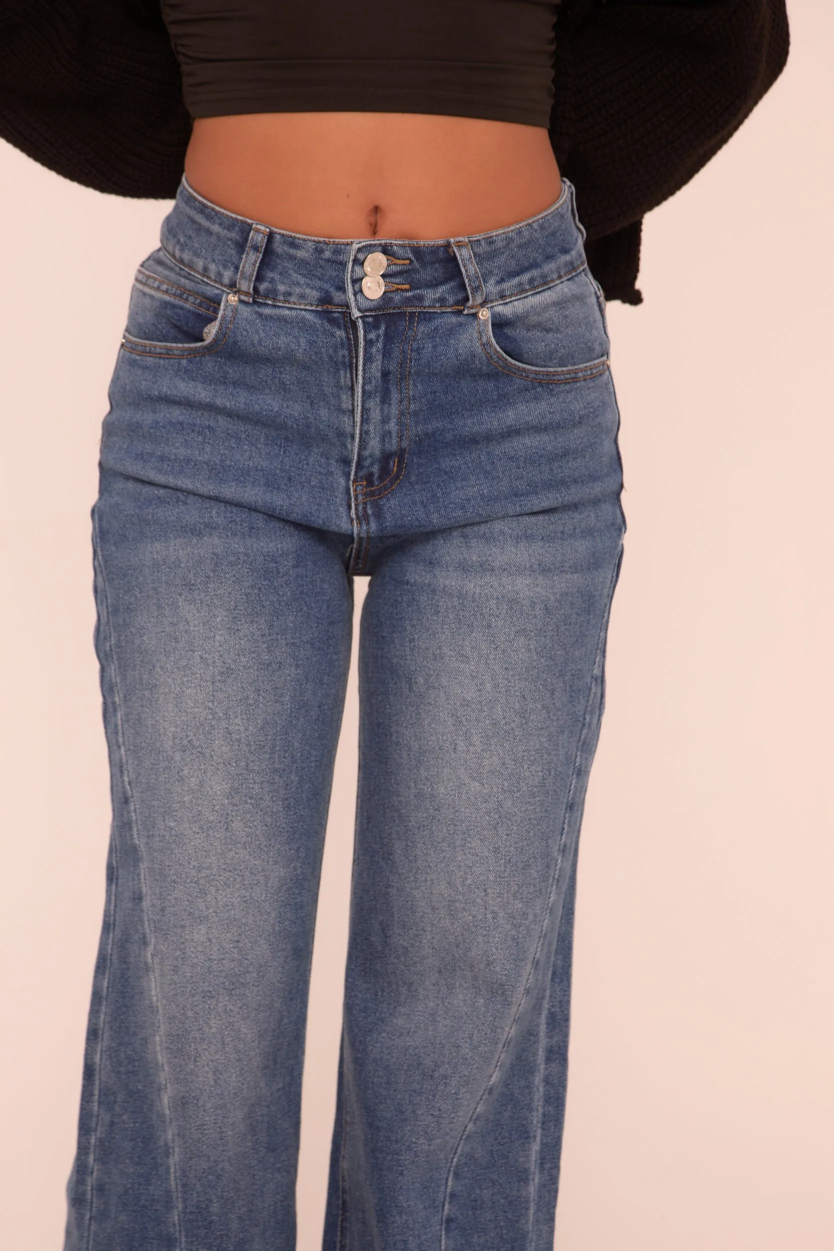 Mid Blue Stretch Seam Detail Wide Leg Denim Jeans - Lyra