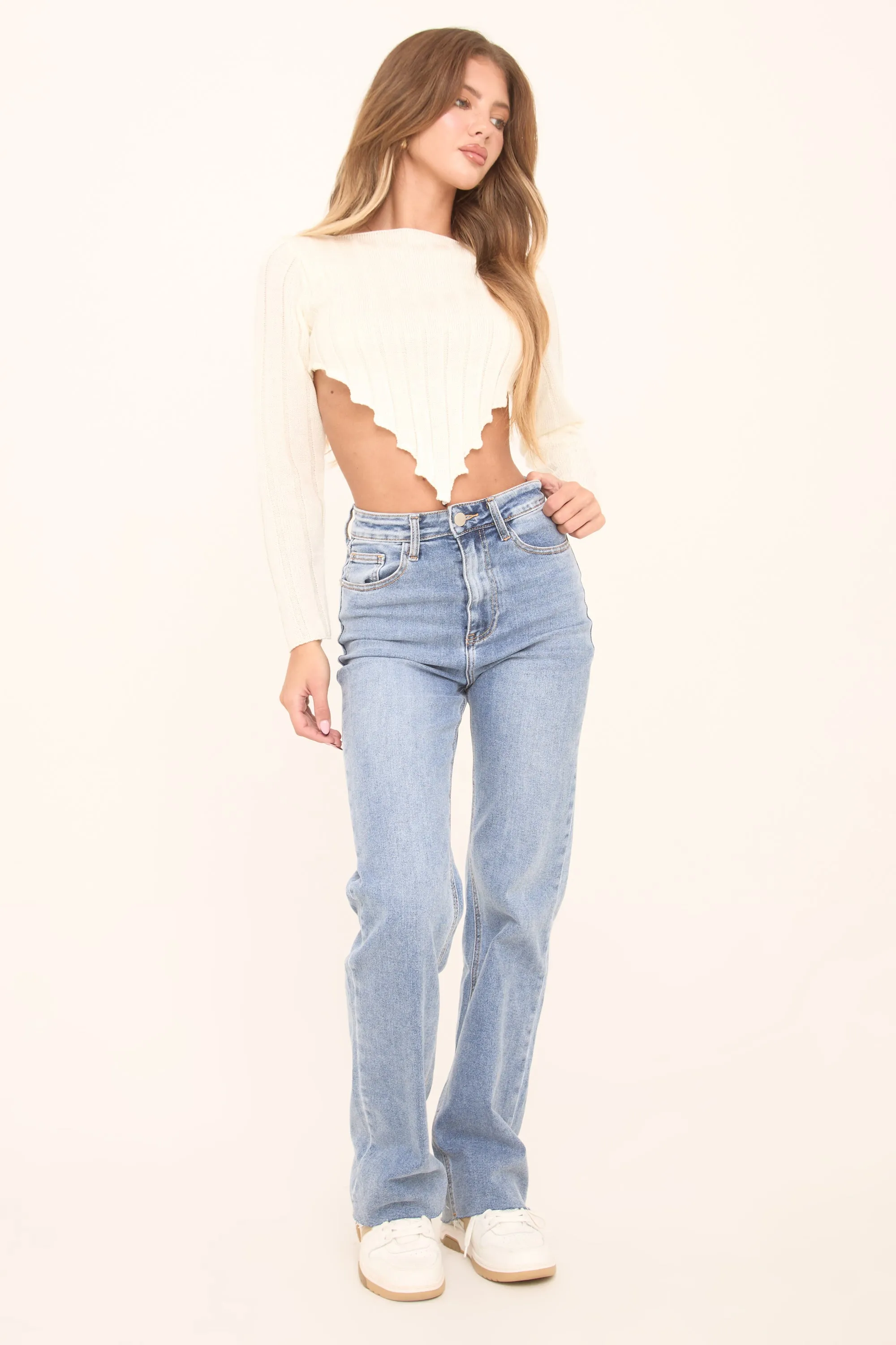 Mid Blue Washed Stretch Mid Waist Straight Leg Frayed Hem Denim Jeans - Venus