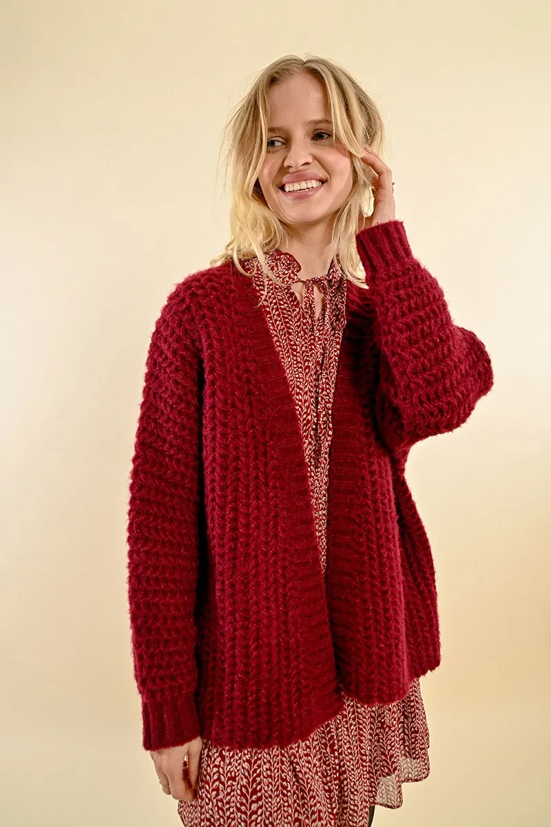 Molly Bracken Dark Red cable Knit Cardigan