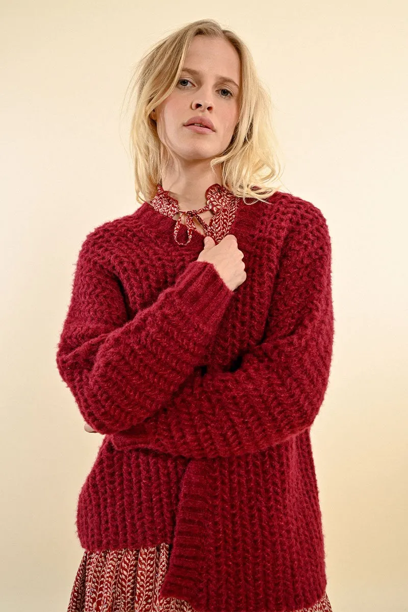 Molly Bracken Dark Red cable Knit Cardigan