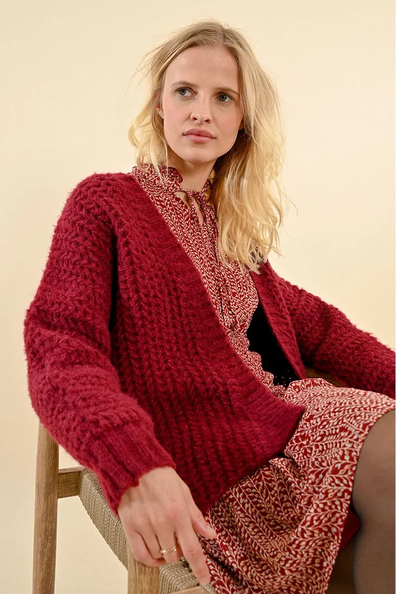 Molly Bracken Dark Red cable Knit Cardigan