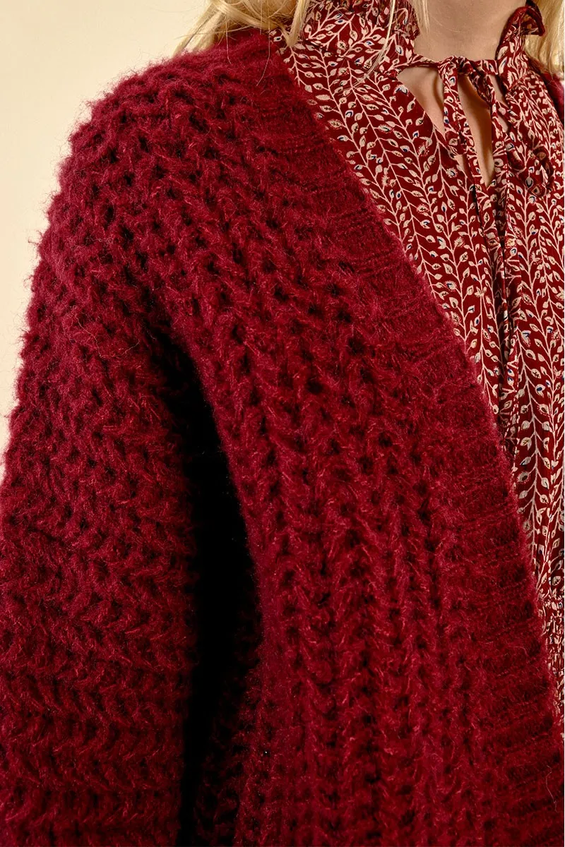 Molly Bracken Dark Red cable Knit Cardigan