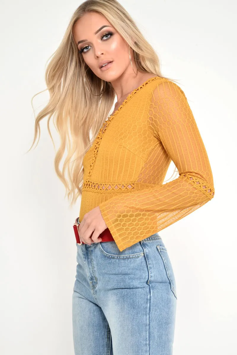 Mustard Plunge Lace Crochet Long Sleeved Bodysuit - Edyn