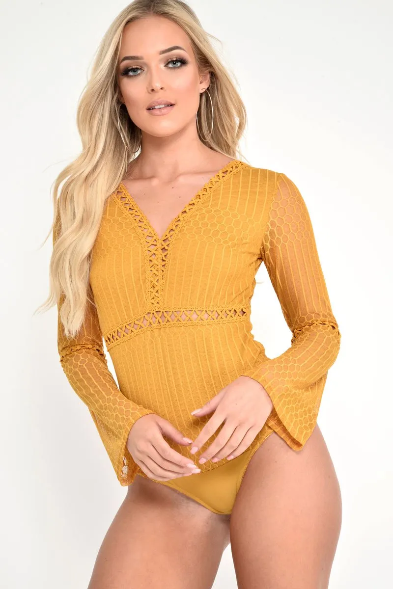 Mustard Plunge Lace Crochet Long Sleeved Bodysuit - Edyn