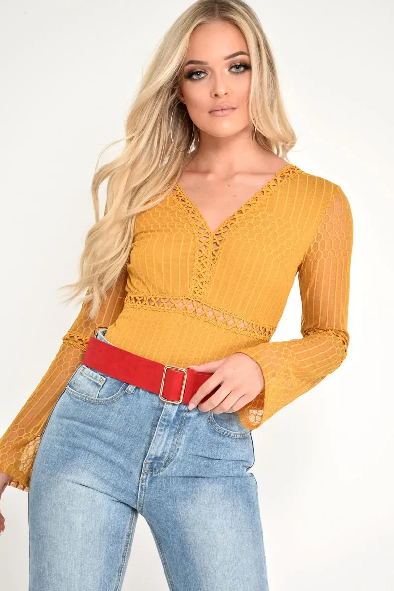 Mustard Plunge Lace Crochet Long Sleeved Bodysuit - Edyn