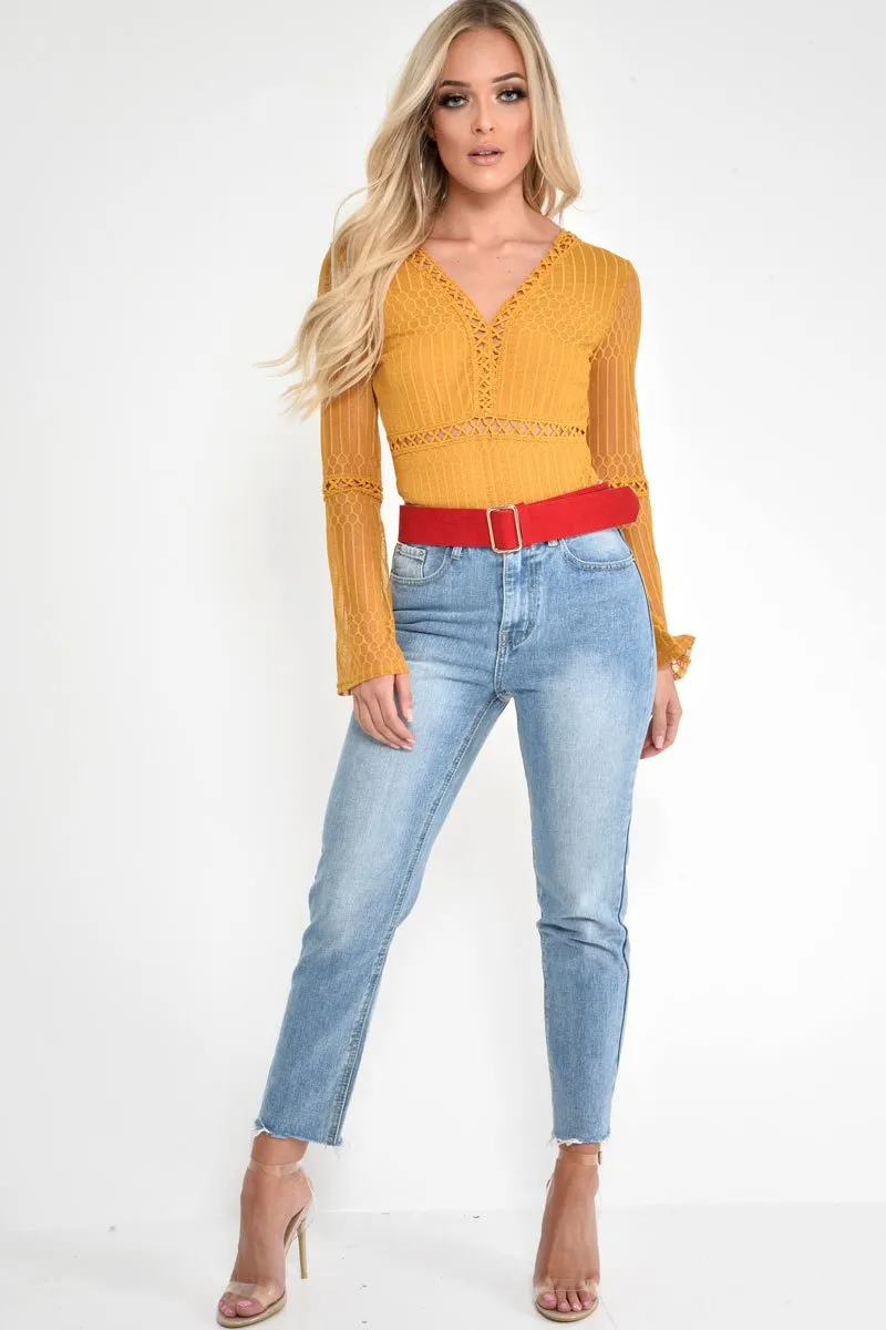 Mustard Plunge Lace Crochet Long Sleeved Bodysuit - Edyn