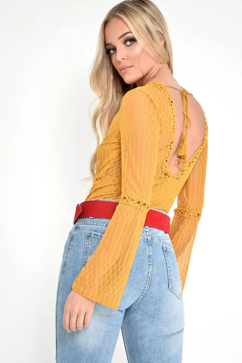 Mustard Plunge Lace Crochet Long Sleeved Bodysuit - Edyn