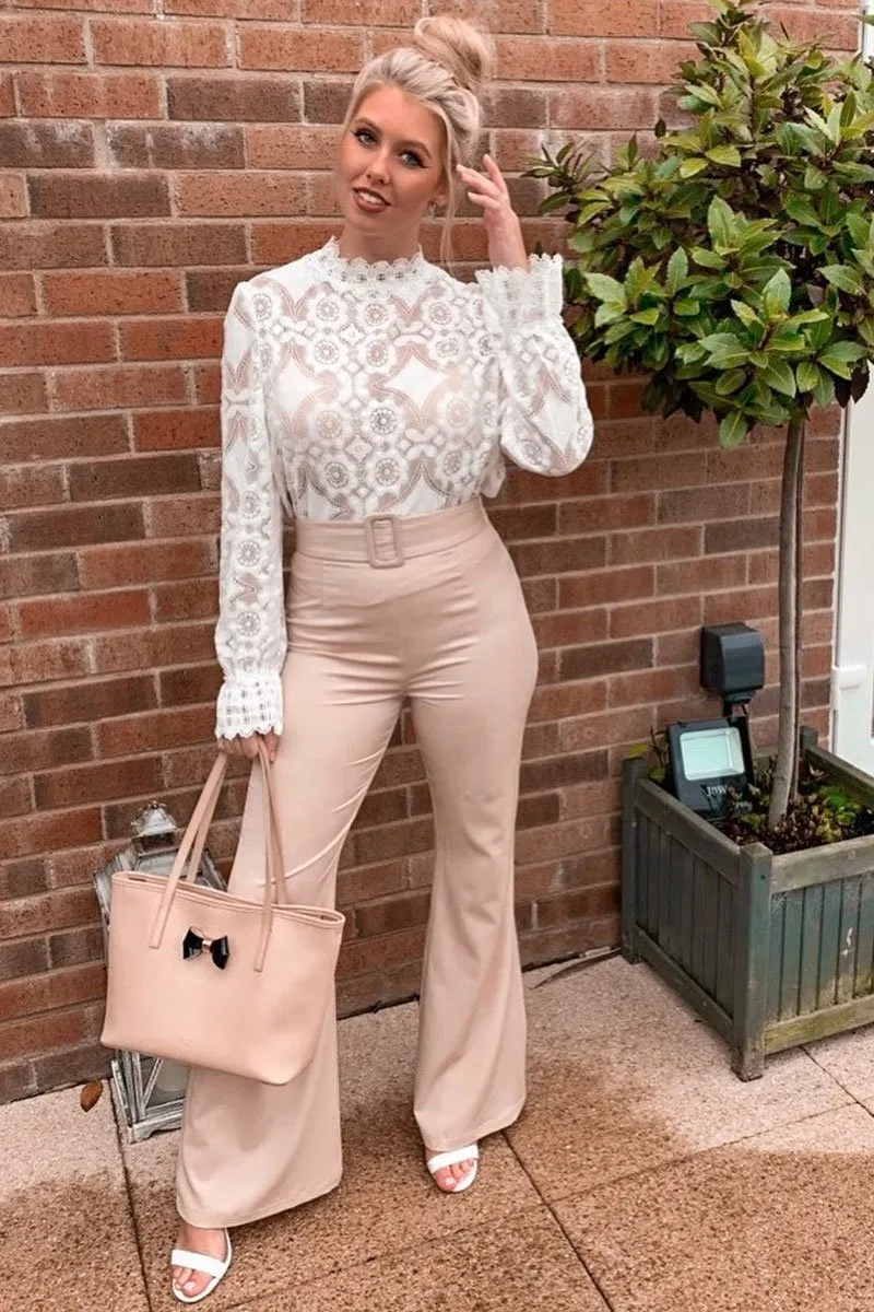 Nude Belted Wide Leg Trousers - Isadore