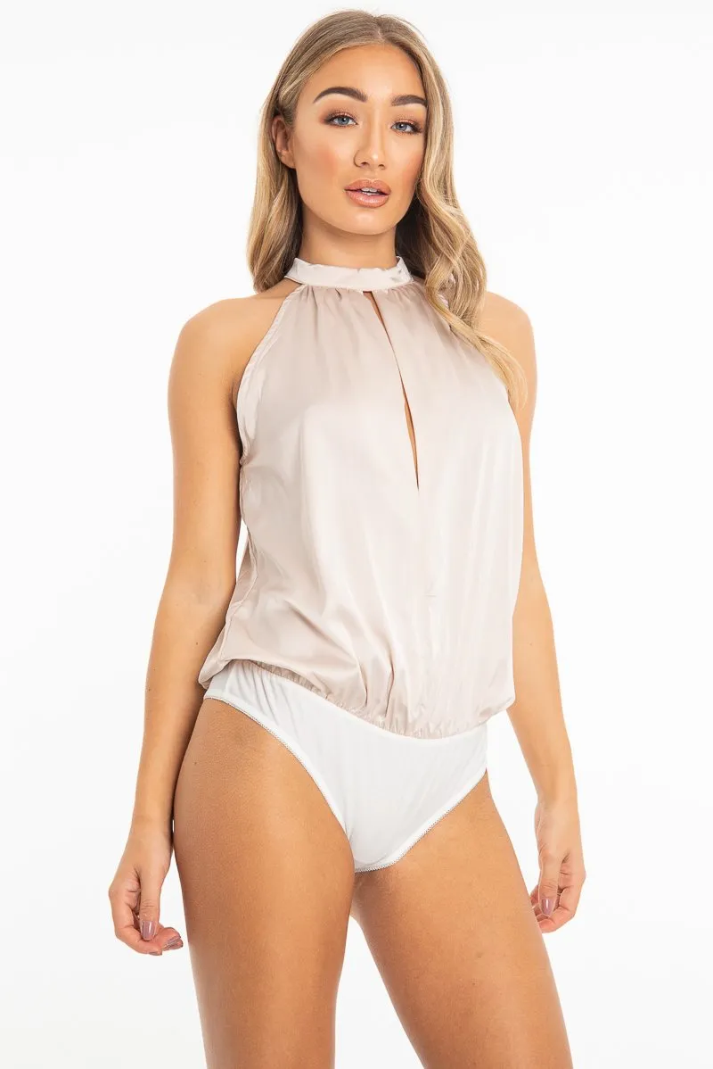 Nude Satin High Neck Keyhole Detail Bodysuit - Kalina