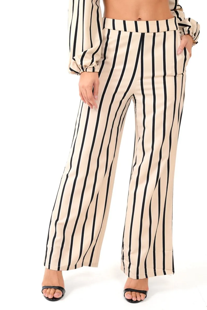 Nude Stripe Bardot Crop Top And Wide Leg Trousers Co-ord - Shiori