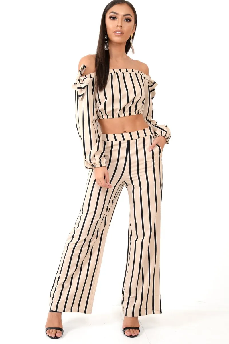 Nude Stripe Bardot Crop Top And Wide Leg Trousers Co-ord - Shiori