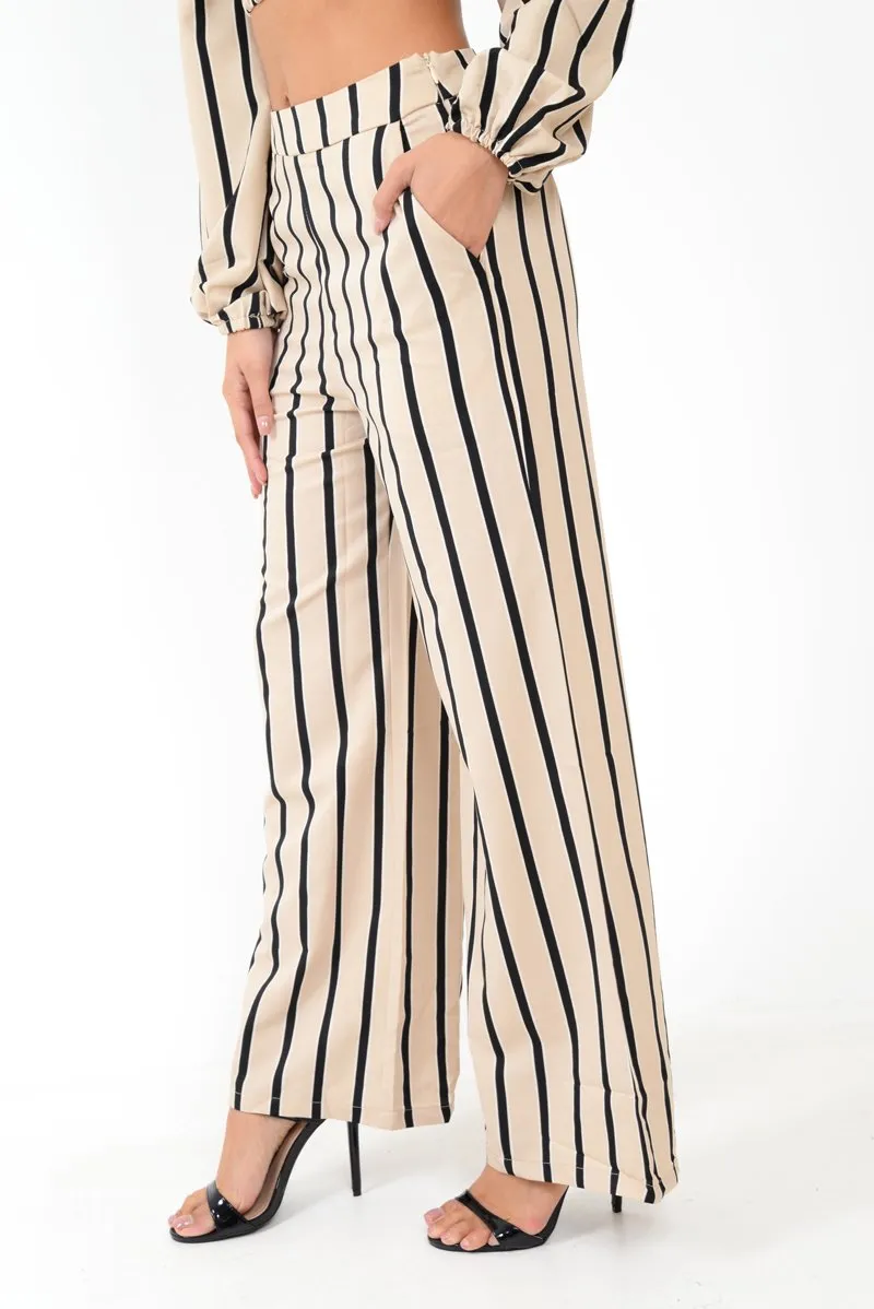 Nude Stripe Bardot Crop Top And Wide Leg Trousers Co-ord - Shiori