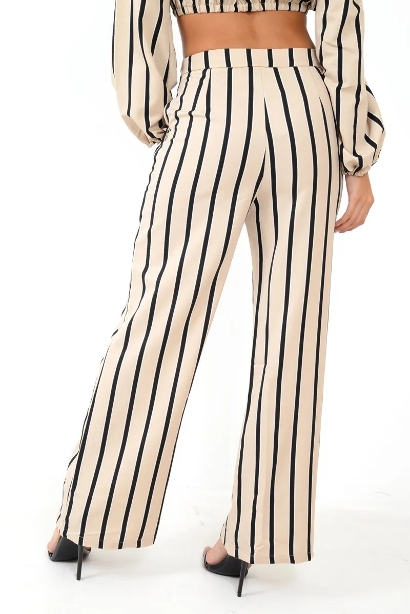 Nude Stripe Bardot Crop Top And Wide Leg Trousers Co-ord - Shiori