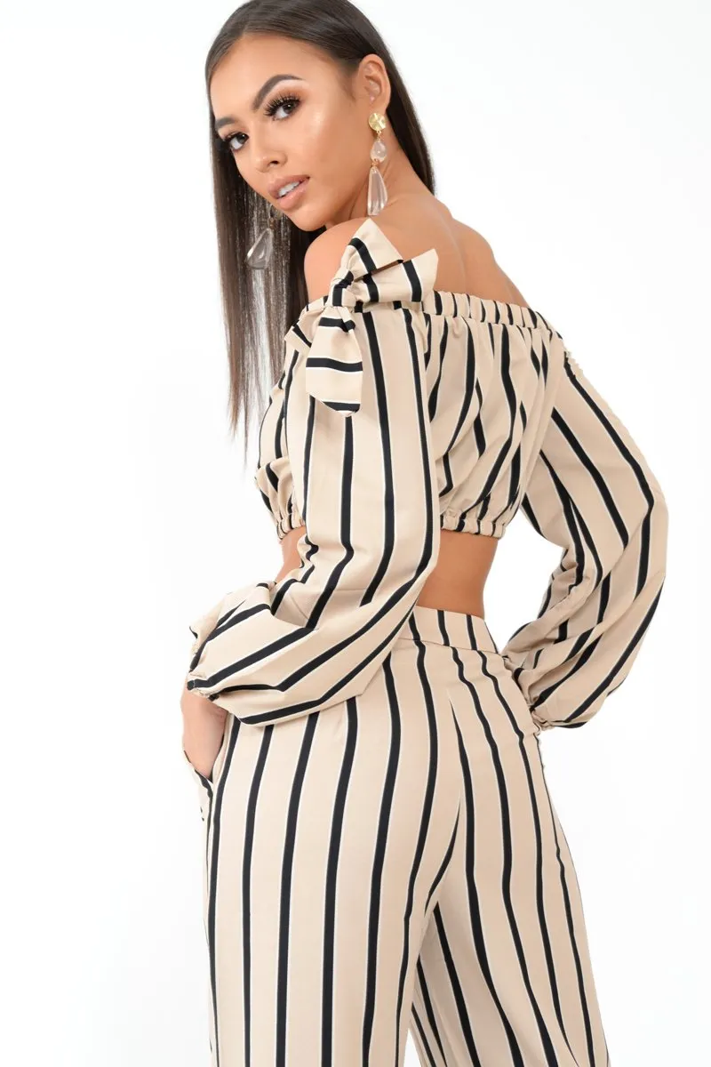 Nude Stripe Bardot Crop Top And Wide Leg Trousers Co-ord - Shiori