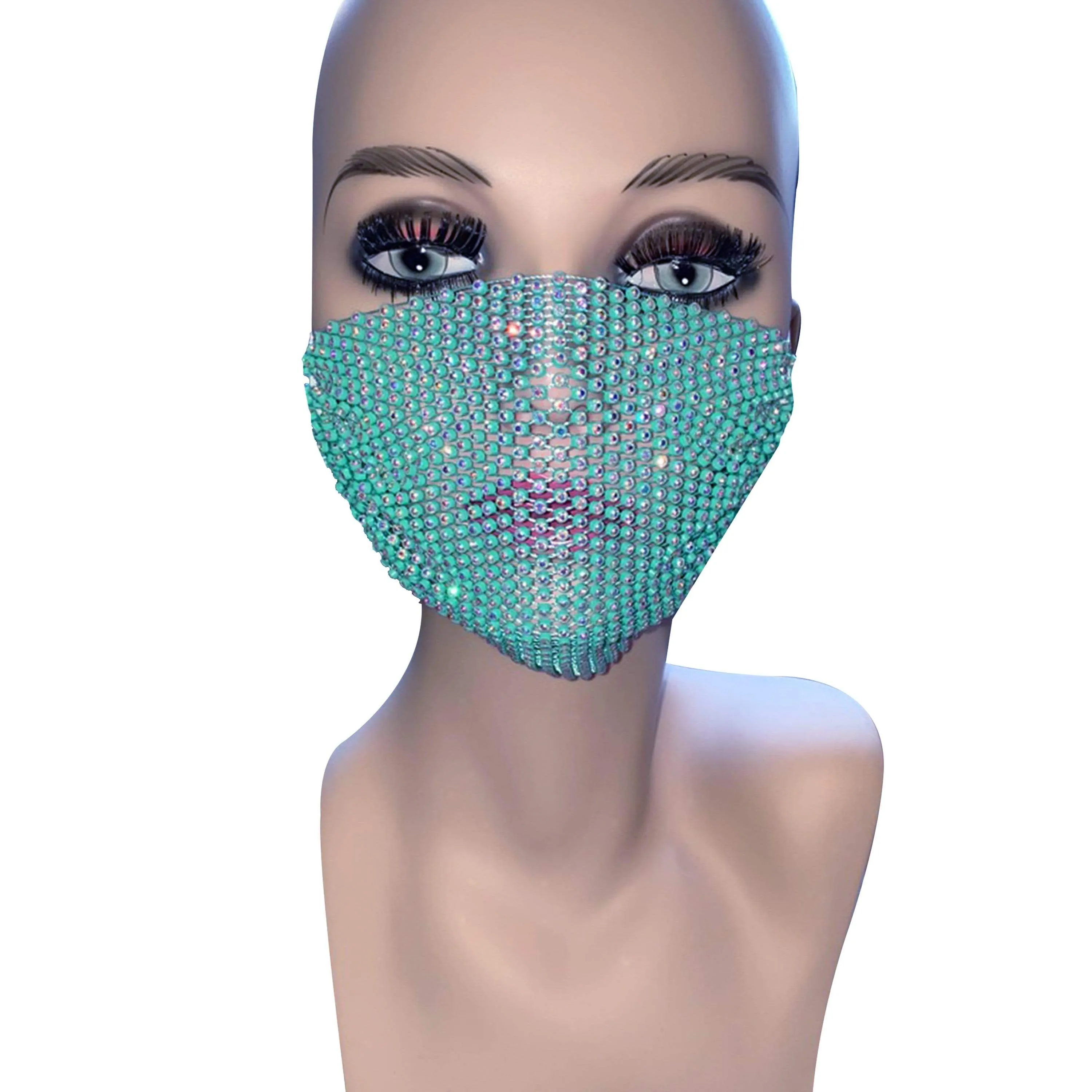 Perfect Illuzion Teal Crystal Mesh Jewel Face Mask With Adjustable Loops