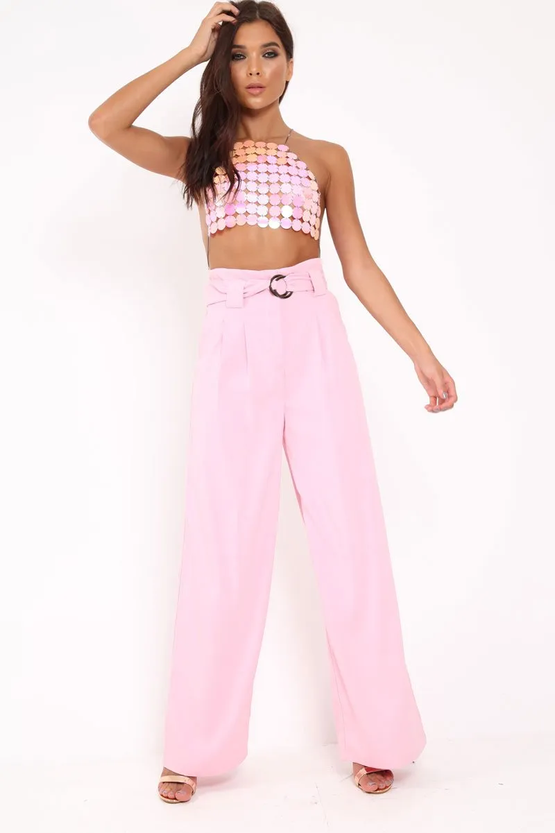 Pink Belted High Waist Wide Leg Trousers - Elianny