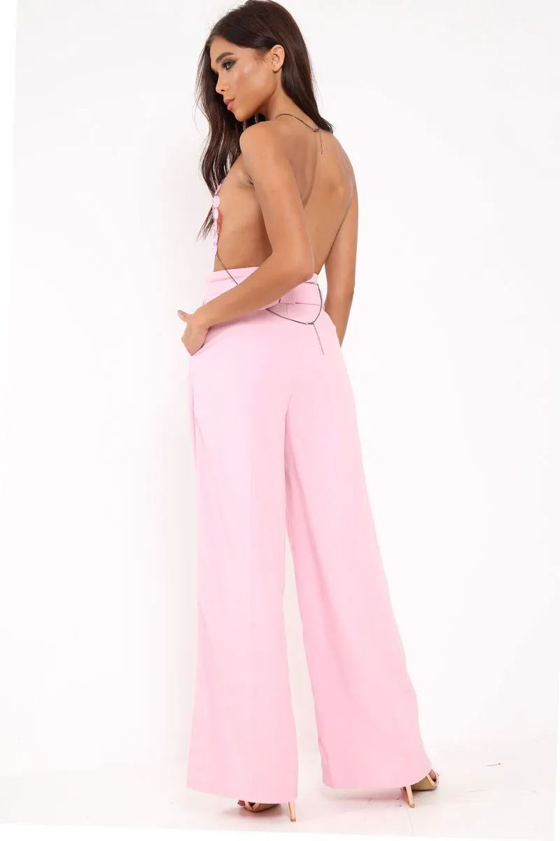 Pink Belted High Waist Wide Leg Trousers - Elianny