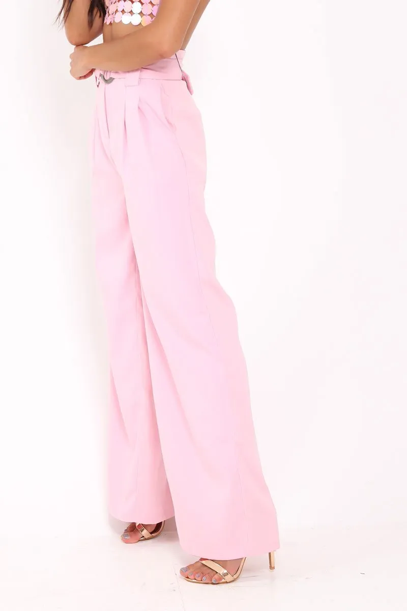 Pink Belted High Waist Wide Leg Trousers - Elianny