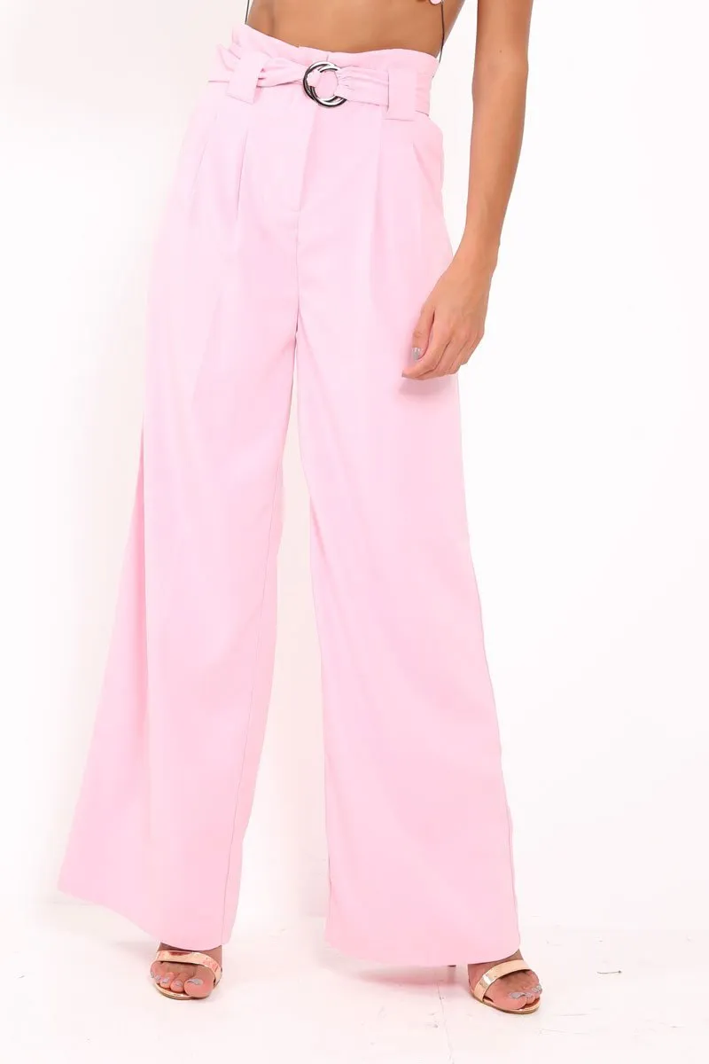 Pink Belted High Waist Wide Leg Trousers - Elianny