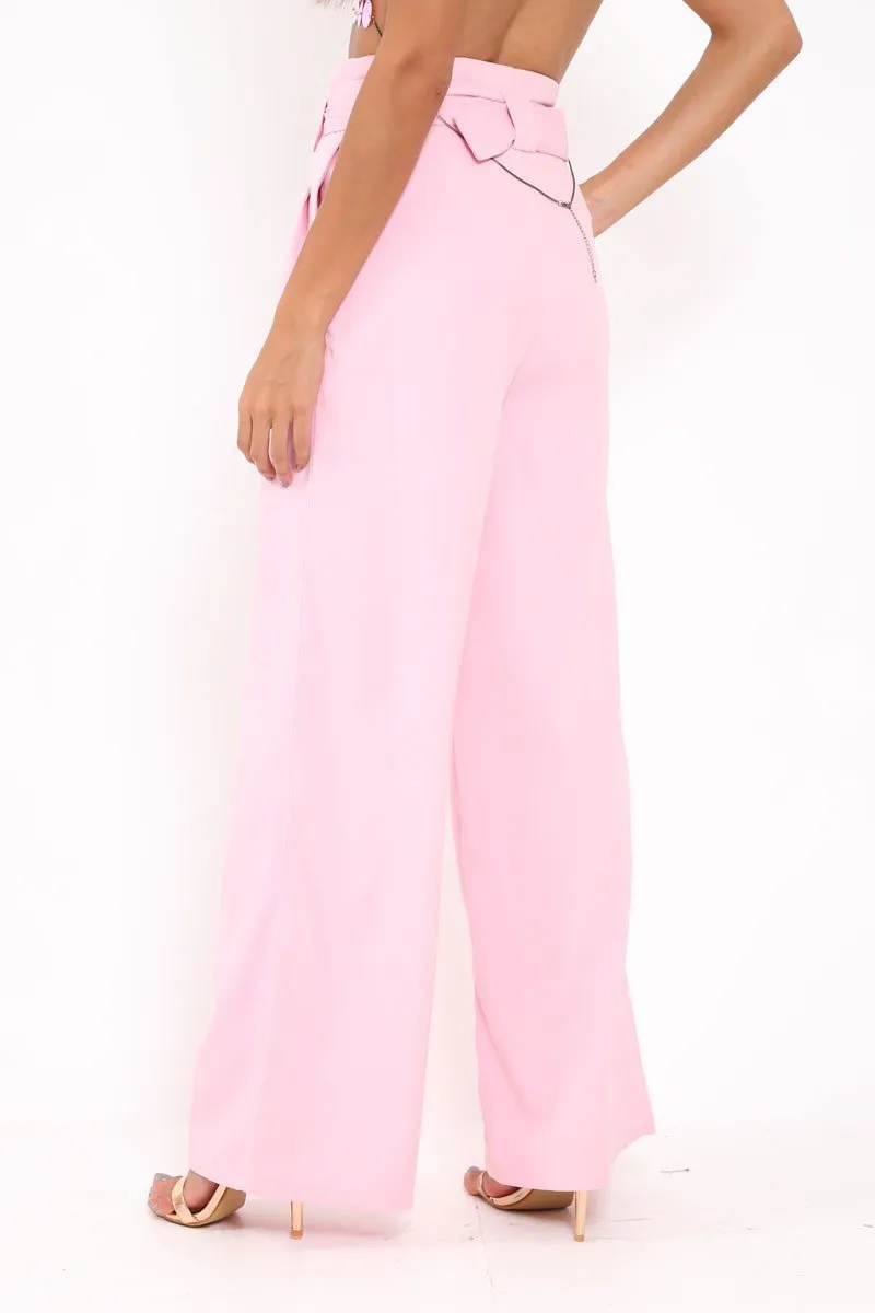 Pink Belted High Waist Wide Leg Trousers - Elianny