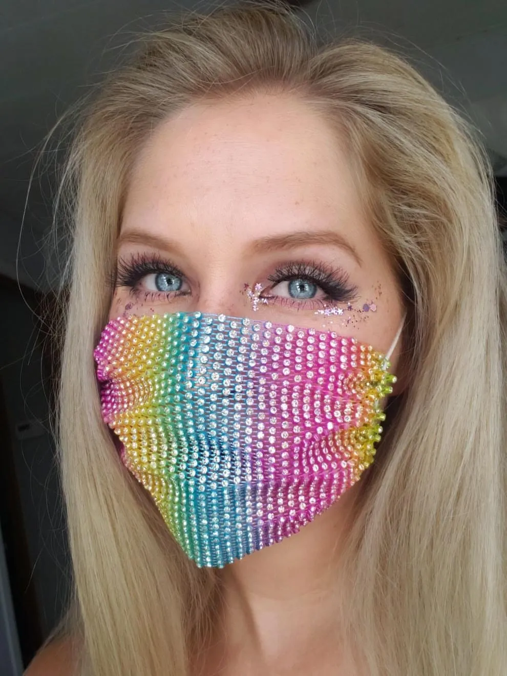 Poker Facie Rainbow Crystal Mesh Jewel Face Mask With Adjustable Loops