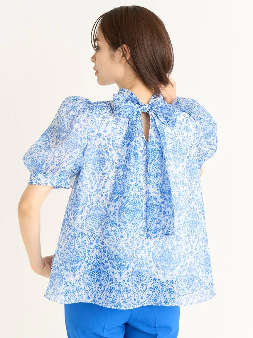 Print Organza Puff Sleeve Turtle Neck Blouse