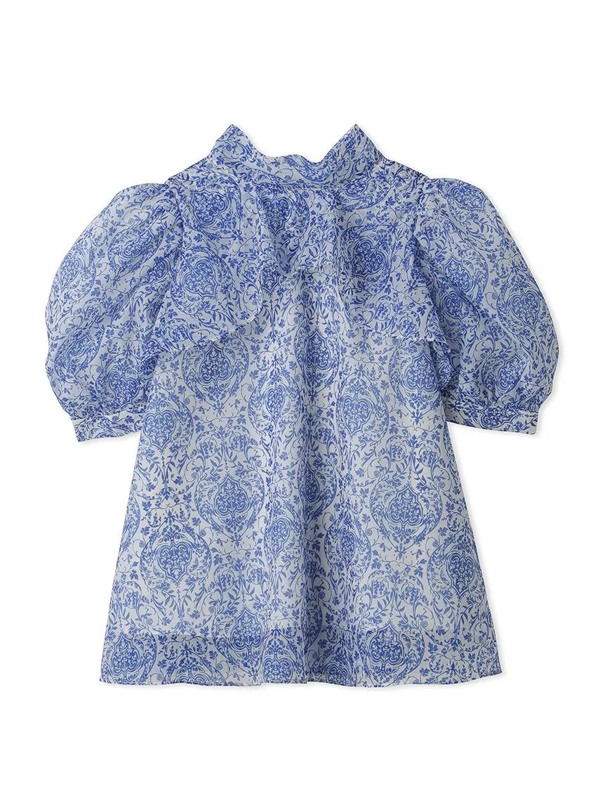 Print Organza Puff Sleeve Turtle Neck Blouse