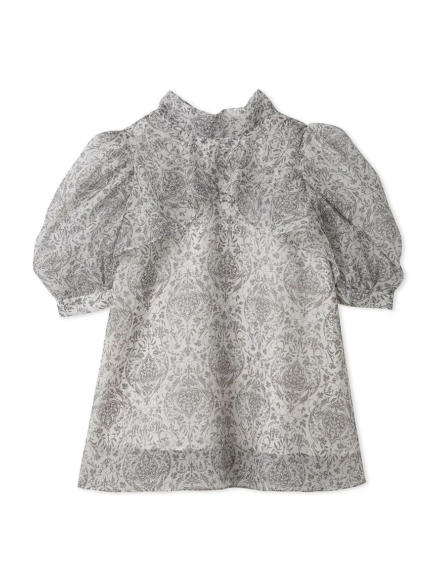 Print Organza Puff Sleeve Turtle Neck Blouse