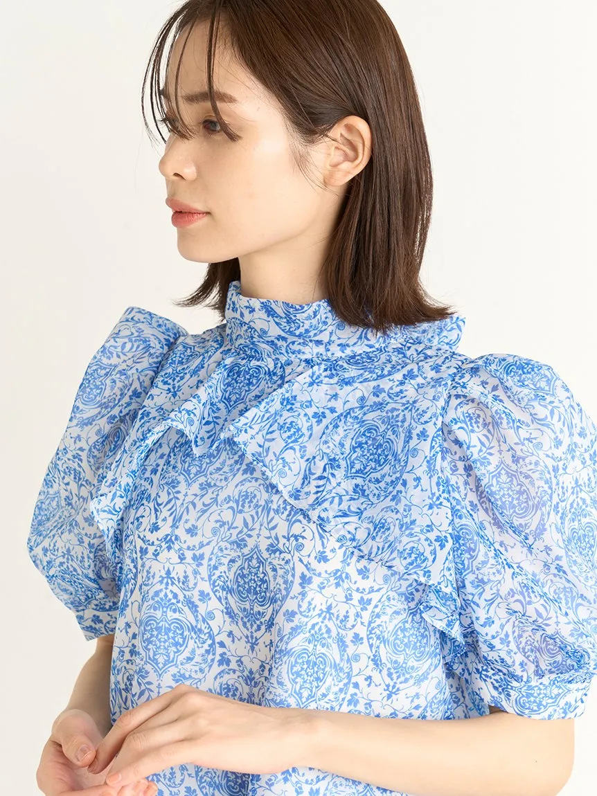 Print Organza Puff Sleeve Turtle Neck Blouse