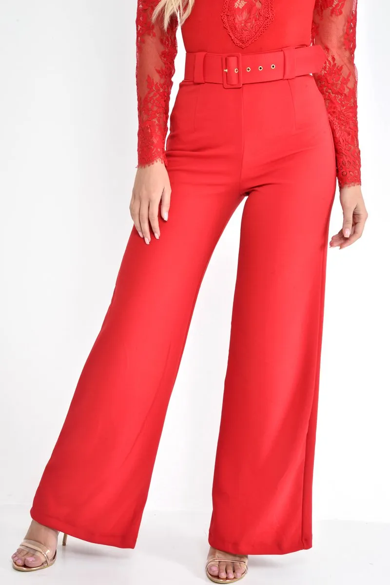 Red Tailored Wide Leg Belted Trousers - Chenelle