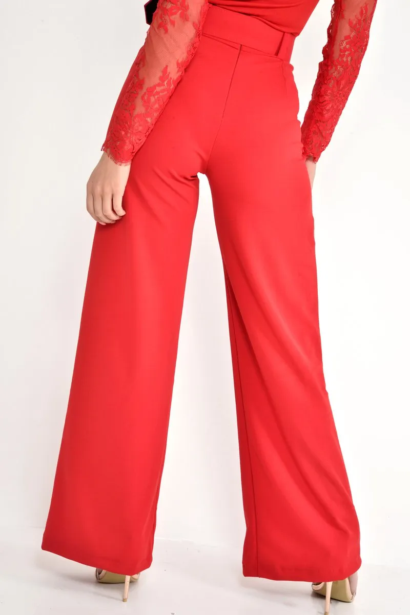 Red Tailored Wide Leg Belted Trousers - Chenelle